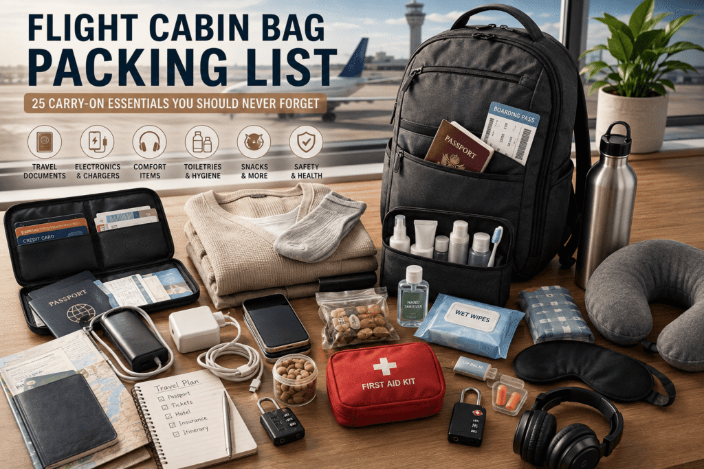 Flight cabin bag packing list with 25 carry-on essentials