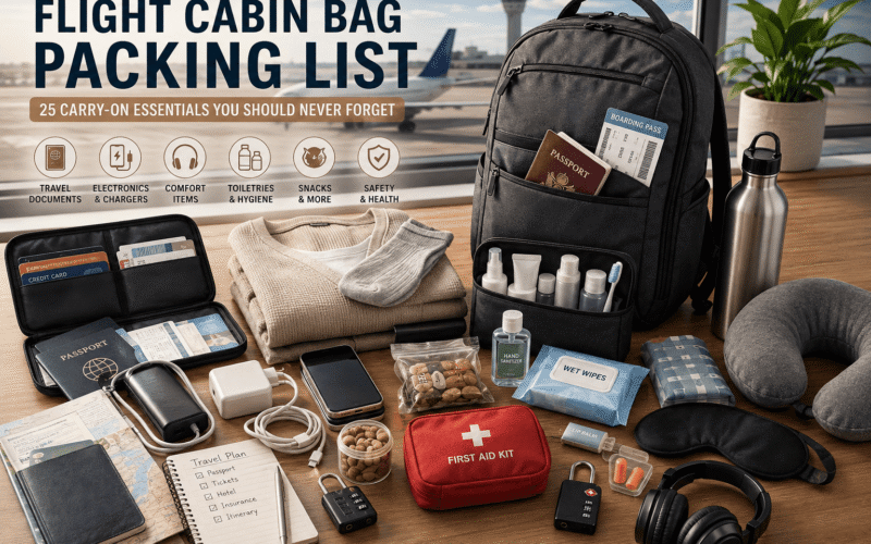 Flight cabin bag packing list with 25 carry-on essentials