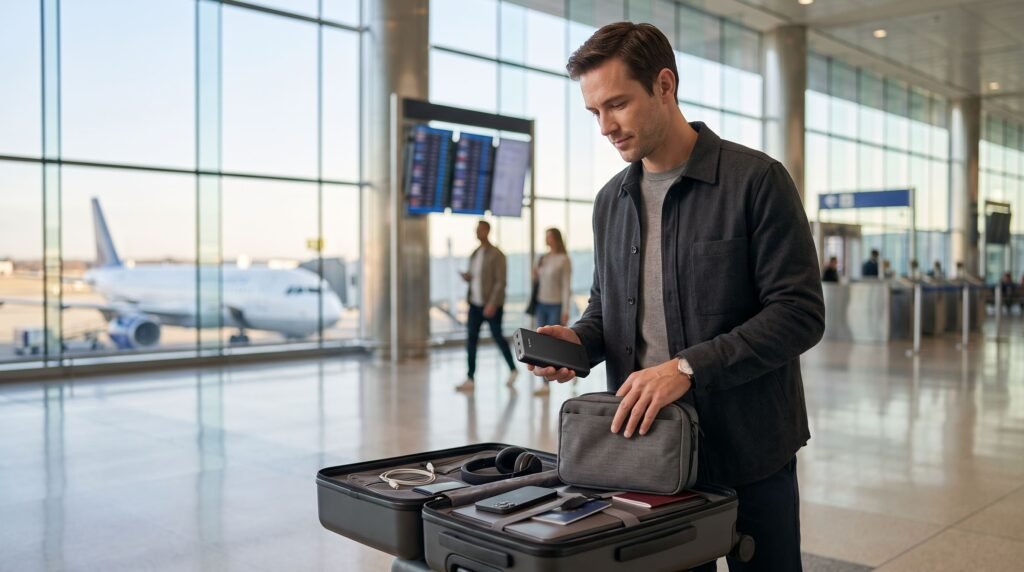 Traveler packing a power bank in carry-on luggage before a U.S. flight