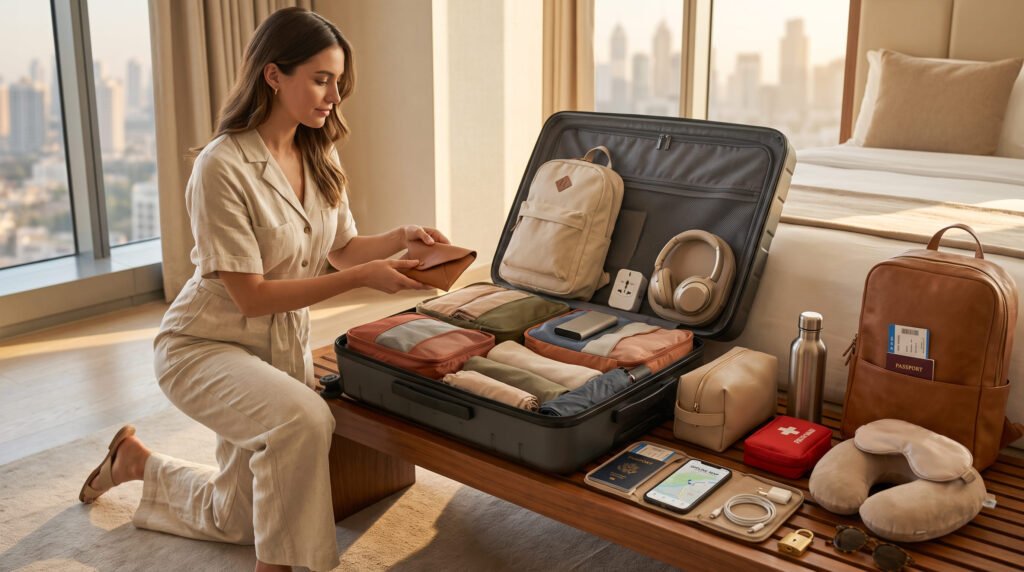 Travel essentials packing list with suitcase and travel gear