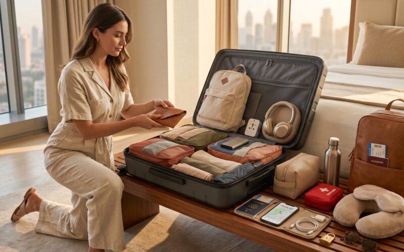 Travel essentials packing list with suitcase and travel gear